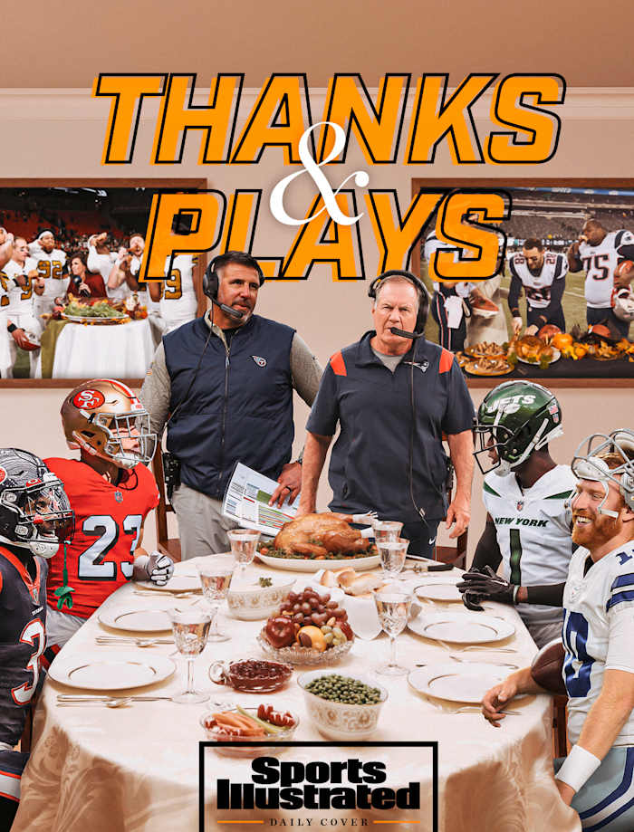 Dameon Pierce, Christian McCaffrey, Mike Vrabel, Bill Belichick, Sauce Gardner and Cooper Rush photoshopped in around a Thanksgiving table