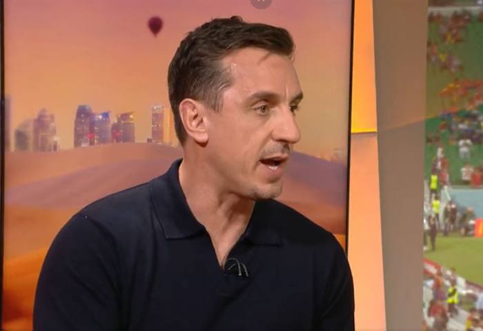 Gary Neville pictured in the studio during ITV's live coverage of Spain vs Costa Rica at the 2022 World Cup in Qatar