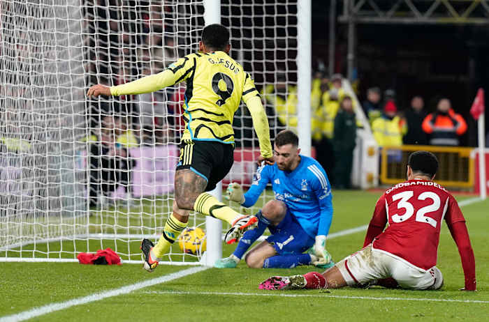 Gabriel Jesus pictured moments after shooting between the legs of goalkeeper Matt Turner to score a goal for Arsenal in a 2-1 win at Nottingham Forest in January 2024