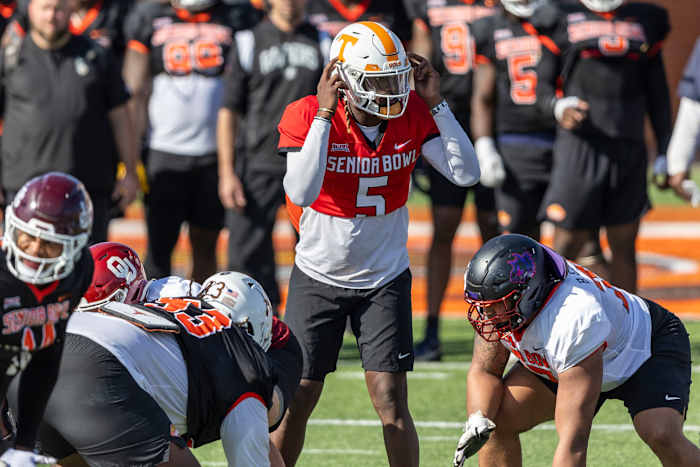 Former Tennessee Volunteers QB Joe Milton III during practice at the Reese's Senior Bowl. (Photo by Vasha Hunt of USA Today Sports)