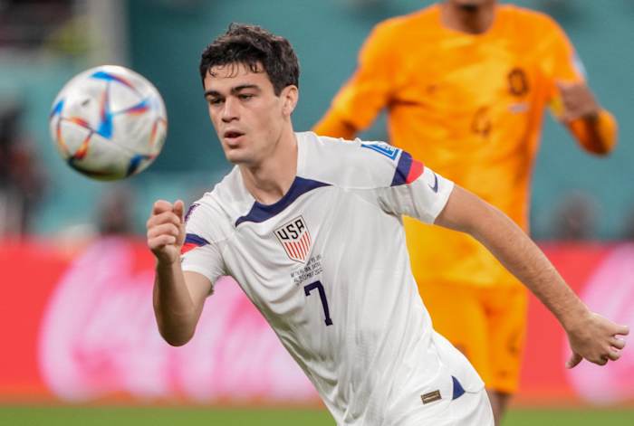 Gio Reyna pictured in action for the USMNT at the 2022 FIFA World Cup in Qatar