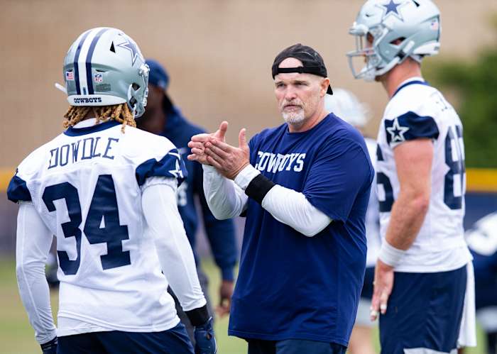Dallas Cowboys defensive coordinator Dan Quinn during training camp at the Marriott Residence Inn. Mandatory Credit: Jason Parkhurst-USA TODAY Sports