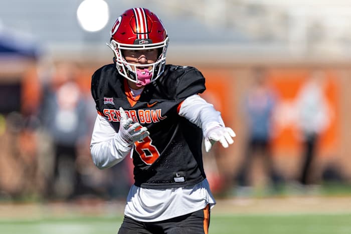 Jan 31, 2024; Mobile, AL, USA; National defensive back Cole Bishop of Utah (8) sets a defensive play during practice for the National team at Hancock Whitney Stadium. Mandatory Credit: Vasha Hunt-USA TODAY Sports