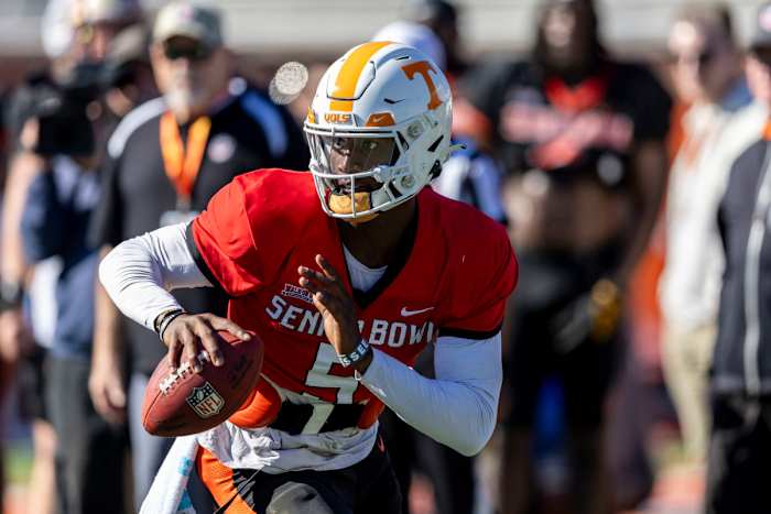 Former Tennessee Volunteers QB Joe Milton III during practices at the Reese's Senior Bowl. (Photo by Vasha Hunt of USA Today Sports)