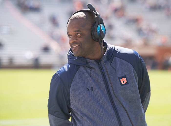 Auburn Tigers wide receivers coach Ike Hilliard during the A-Day spring practice at Jordan-Hare Stadium in Auburn, Ala., on Saturday, April 9, 2022.