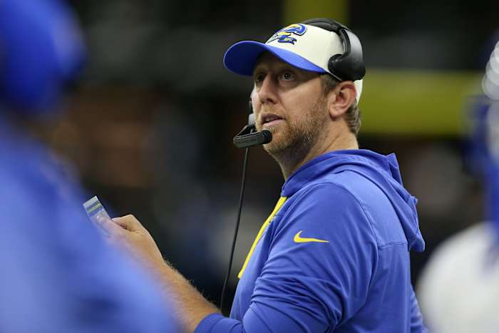Nov 20, 2022; New Orleans, Louisiana, USA; Los Angeles Rams offensive coordinator Liam Coen in the second quarter against the New Orleans Saints at the Caesars Superdome.