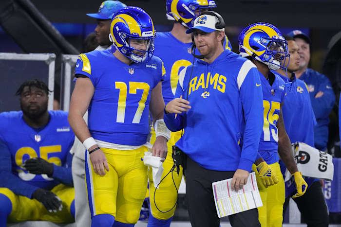 Dec 8, 2022; Inglewood, California, USA; Los Angeles Rams quarterback Baker Mayfield (17) talks with offensive coordinator Liam Coen against the Las Vegas Raiders in the first half at SoFi Stadium. Mandatory Credit: Kirby Lee-USA TODAY Sports