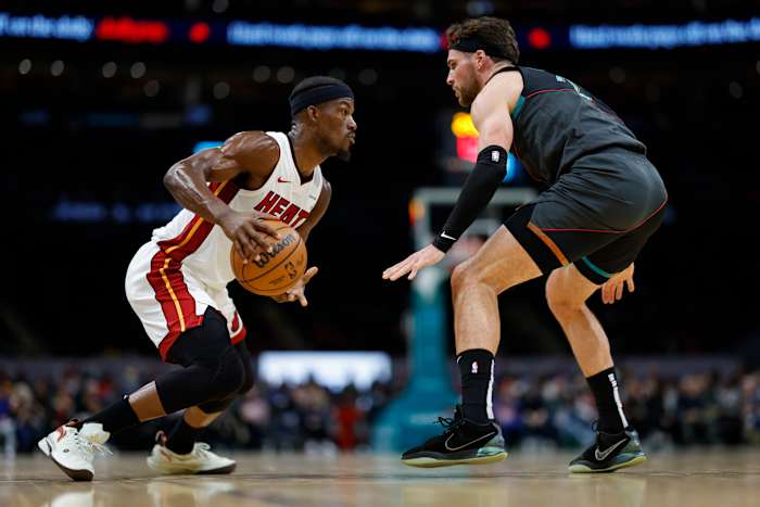 Miami Heat forward Jimmy Butler (22) drives to the basket as Washington Wizards forward Corey Kispert (24) defends in the first half at Capital One Arena. Mandatory Credit: Geoff Burke-USA TODAY Sports