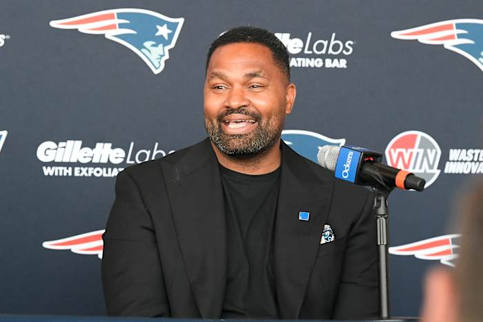 Jan 17, 2024; Foxborough, MA, USA; New England Patriots head coach Jerod Mayo addresses media at a press conference announcing his hiring as the team's head coach at a press conference at Gillette Stadium.