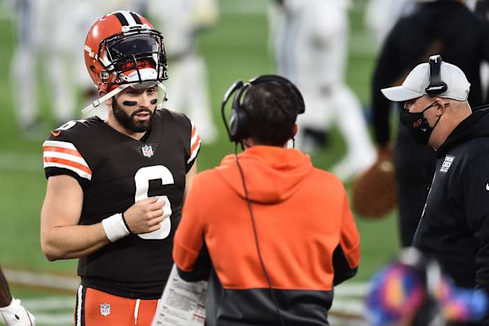 Oct 11, 2020; Cleveland, Ohio, USA; Cleveland Browns quarterback Baker Mayfield (6) talks with head coach Kevin Stefanski and offensive coordinator Alex Van Pelt during the second half against the Indianapolis Colts at FirstEnergy Stadium.