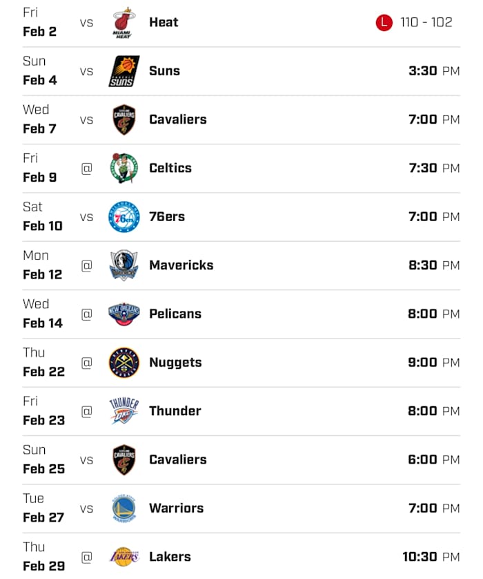 Wizards schedule for the month of February