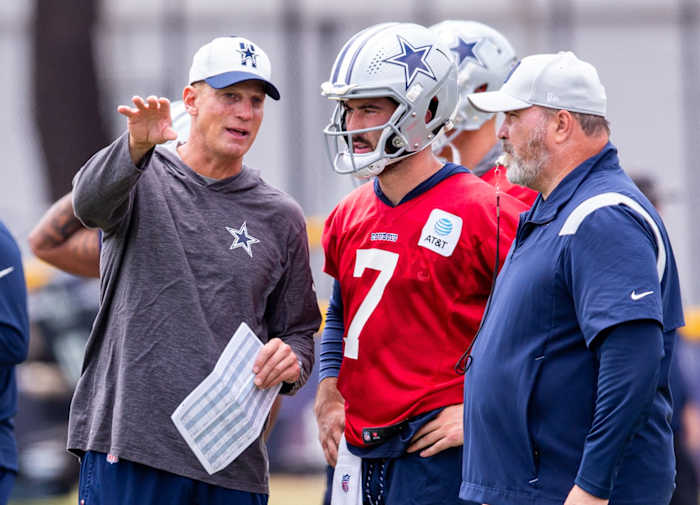 Jul 25, 2021; Oxnard, CA, USA; Dallas Cowboys quarterbacks coach Doug Nussmeier and quarterback Ben Dinucci (7) during training camp at the Marriott Residence Inn.