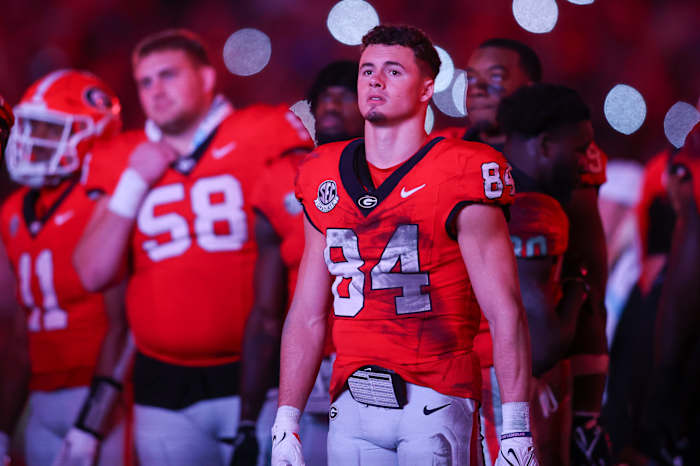 Nov 11, 2023; Athens, Georgia, USA; Georgia Bulldogs wide receiver Ladd McConkey (84) on the field against the Mississippi Rebels in the fourth quarter at Sanford Stadium.