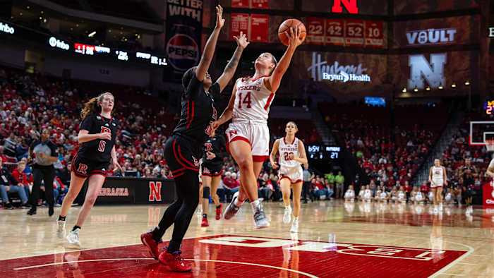 Nebraska sophomore guard Callin Hake scores on a layup after making a steal during the second quarter against Rutgers.