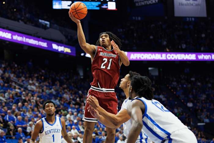 Nov 6, 2023; Lexington, Kentucky, USA; New Mexico State Aggies forward Robert Carpenter (21) goes to the basket during the first half against the Kentucky Wildcats at Rupp Arena at Central Bank Center.