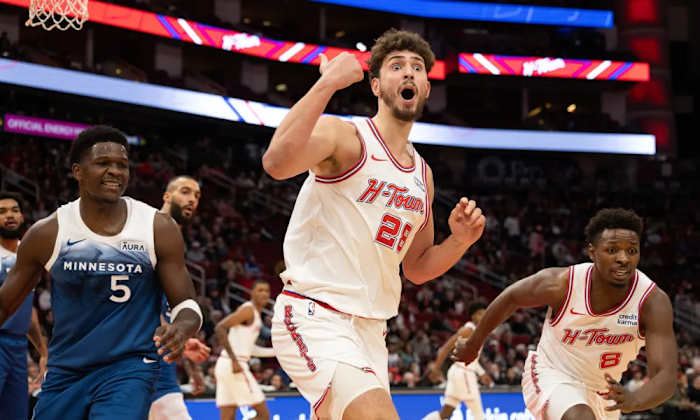 Houston Rockets center Alperen Sengun reacts mid-game against the Minnesota Timberwolves