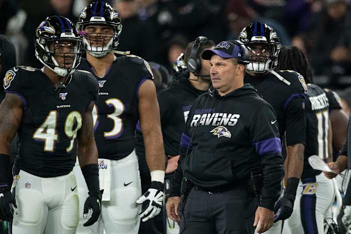 Baltimore Ravens defensive line coach Joe Cullen during the first half against the New England Patriots at M&T Bank Stadium.