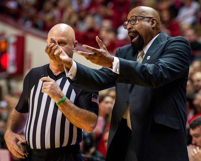 Indiana coach Mike Woodson questions a call during the second half of the Indiana versus Penn State men's basketball game at Simon Skjodt Assembly Hall on Saturday, Feb. 3, 2024.