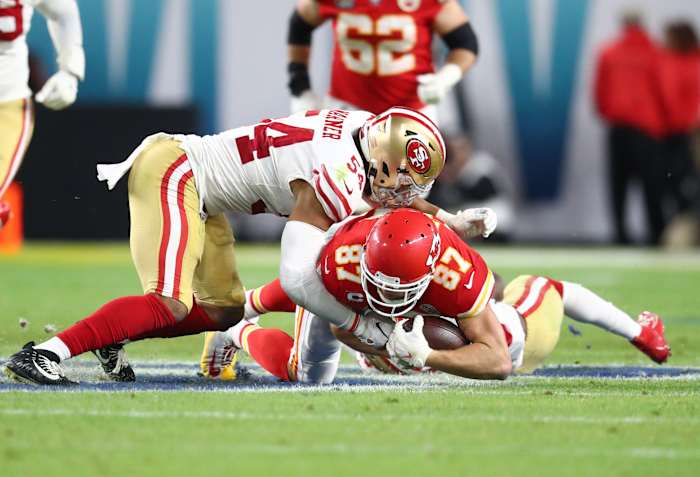 Fred Warner tackles Travis Kelce
