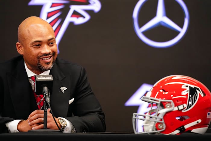 Feb 5, 2024; Atlanta, GA, USA; Atlanta Falcons general manager Terry Fontenot addresses the media as Raheem Morris is introduced as the new head coach of the Atlanta Falcons at Mercedes-Benz Stadium.