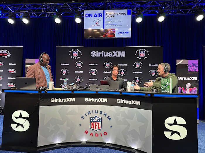 Matthew Coller (right) with Sirius XM Radio at the Super Bowl in Las Vegas.