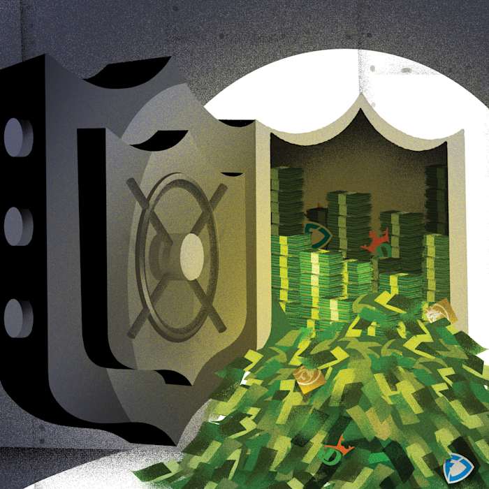 An illustration of a vault shaped like the NFL shield opened with money spilling out and logos of online sports betting sites mixed in.