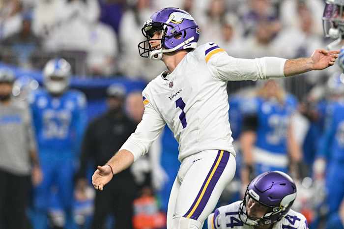 Dec 24, 2023; Minneapolis, Minnesota, USA; Minnesota Vikings place kicker Greg Joseph (1) kicks a field goal during the game against the Detroit Lions at U.S. Bank Stadium.