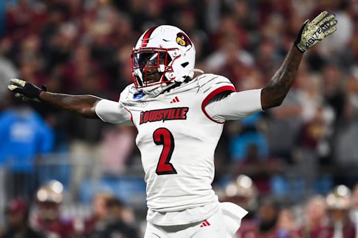 Dec 2, 2023; Charlotte, NC, USA; Louisville Cardinals defensive back Jarvis Brownlee Jr. (2) reacts in the second quarter against the Florida State Seminoles at Bank of America Stadium. Mandatory Credit: Bob Donnan-USA TODAY Sports