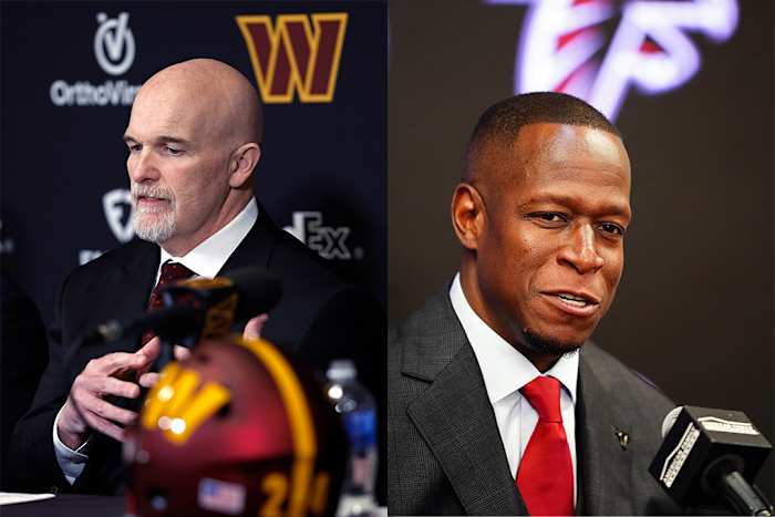 Washington Commanders coach Dan Quinn (left) and the Atlanta Falcons' Raheem Morris (right).