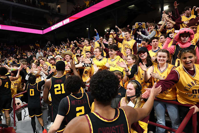Minnesota players celebrate with the student section after the win against the Michigan State at Williams Arena in Minneapolis on Feb. 6, 2024.