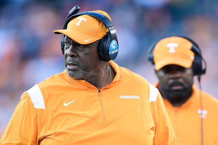 Tennessee Volunteers DL coach Rodney Garner during the 2021 Music City Bowl. (Photo by Calvin Mattheis of the News Sentinel)
