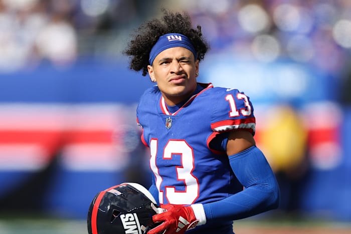New York Giants WR Jalin Hyatt during a game against the Washington Commanders. (Photo by Vincent Carchietta of USA Today Sports)