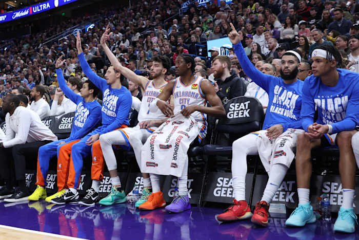 Feb 6, 2024; Salt Lake City, Utah, USA; The Oklahoma City Thunder bench reacts to a shot against the Utah Jazz during the second quarter at Delta Center.