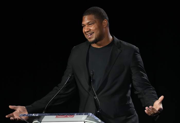 Feb 7, 2024; Las Vegas, NV, USA; Calais Campbell receives the NFLPA Alan Page Community Award at the NFLPA Press Conference at the Mandalay Bay Convention Center prior to Super Bowl LVIII.