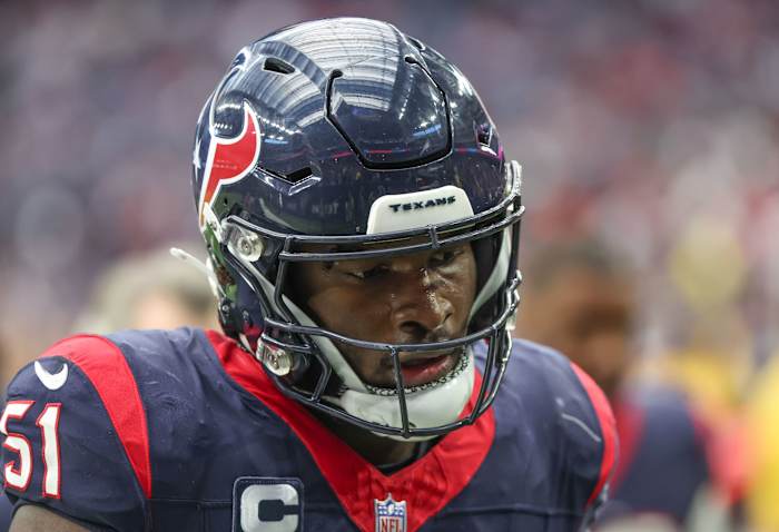 Texans defensive end Will Anderson Jr. (51) runs off the field at the end of the first half against the Tennessee Titans at NRG Stadium