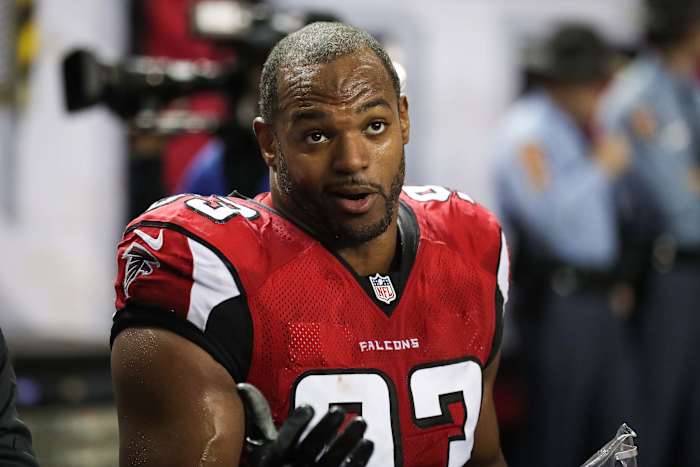 Jan 22, 2017; Atlanta, GA, USA; Atlanta Falcons defensive end Dwight Freeney (93) looks on during the third quarter against the Green Bay Packers in the 2017 NFC Championship Game at the Georgia Dome.