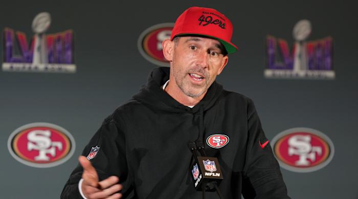 49ers head coach Kyle Shanahan at a press conference before Super Bowl LVIII