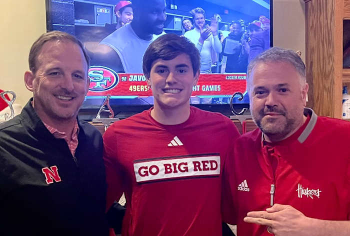 Daniel Kaelin with offensive coordinator Marcus Satterfield (left) and head coach Matt Rhule in early December 2023.