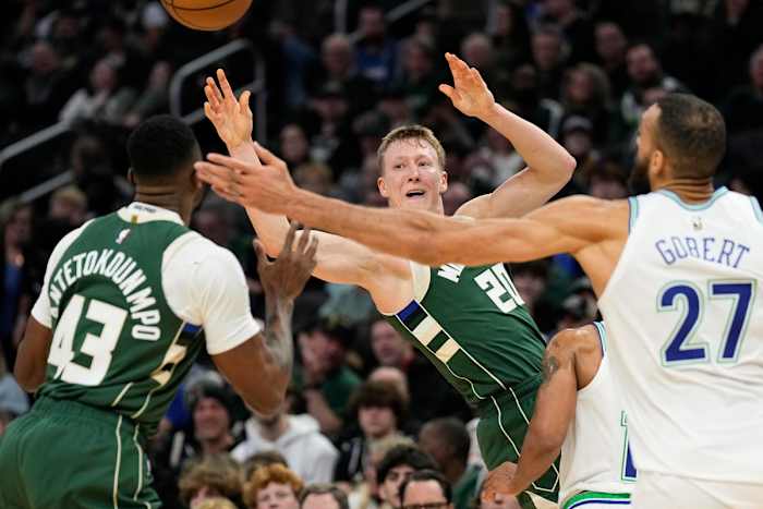 Feb 8, 2024; Milwaukee, Wisconsin, USA; Milwaukee Bucks guard AJ Green (20) passes the ball towards forward Thanasis Antetokounmpo (43) during the fourth quarter against the Minnesota Timberwolves at Fiserv Forum.