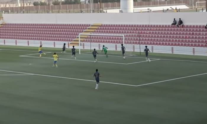 Cristiano Ronaldo Jr pictured (left) scoring for Al Nassr in a 4-1 win over Ohod in the U13 Saudi Premier League in February 2024
