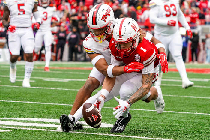 Nov 11, 2023; Lincoln, Nebraska, USA; Nebraska Cornhuskers wide receiver Billy Kemp IV (1) against Maryland Terrapins defensive back Beau Brade (2) during the third quarter at Memorial Stadium. Mandatory Credit: Dylan Widger-USA TODAY Sports