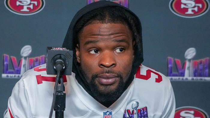 Former Razorback Dre Greenlaw at Super Bowl press conference this week