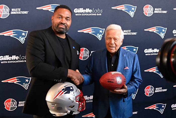 Jan 17, 2024; Foxborough, MA, USA; New England Patriots head coach Jerod Mayo (left) and owner Robert Kraft pose for photos after a press conference announcing Mayo's hiring as the team's head coach at Gillette Stadium.