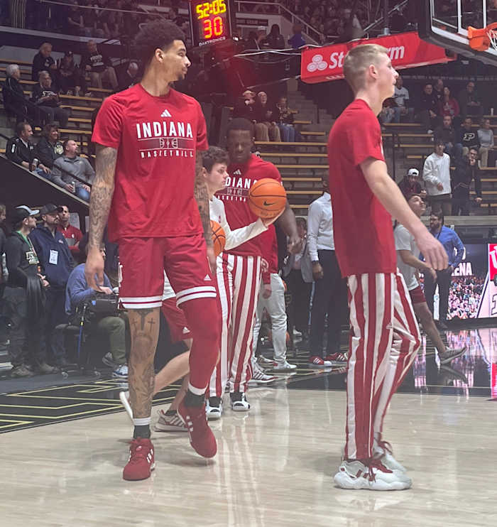 Indiana center Kel'el Ware in uniform for warmups against Purdue after being listed questionable. 