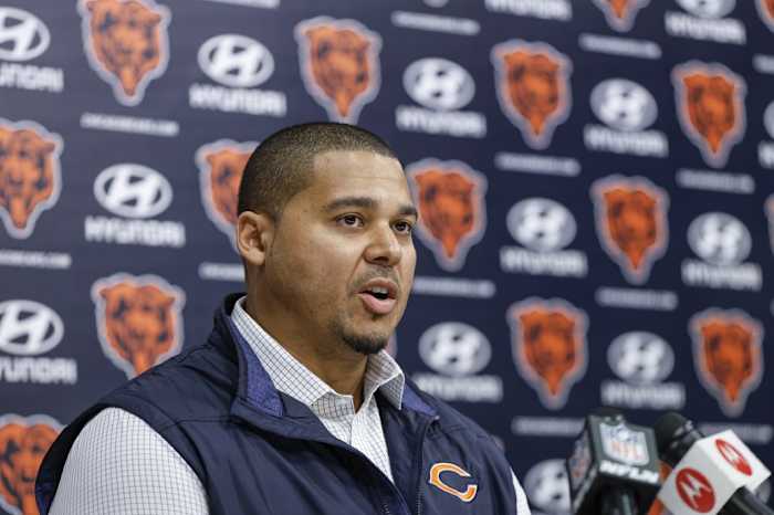 Mar 16, 2023; Lake Forest, IL, USA; Chicago Bears general manager Ryan Poles speaks during a press conference at Halas Hall.