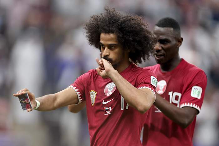 Akram Afif pictured performing a magic trick after scoring his first of three goals for Qatar against Jordan in the final of the 2023 AFC Asian Cup