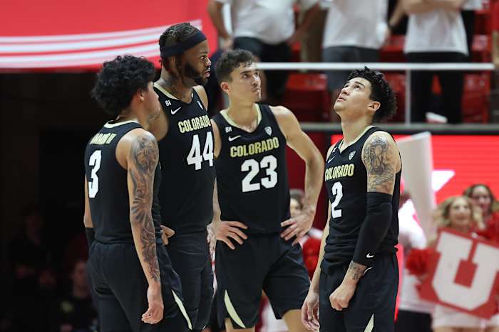 Feb 3, 2024; Salt Lake City, Utah, USA; The Colorado Buffaloes huddle before foul shots by the Utah Utes during the second half at Jon M. Huntsman Center