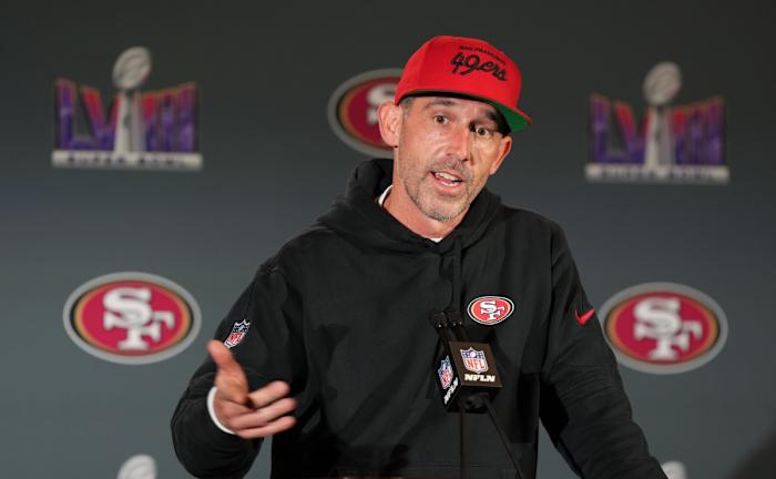 Feb 7, 2024; San Francisco 49ers head coach Kyle Shanahan speaks during a press conference before Super Bowl LVIII at Hilton Lake Las Vegas Resort and Spa. Mandatory Credit: Kyle Terada-USA TODAY Sports