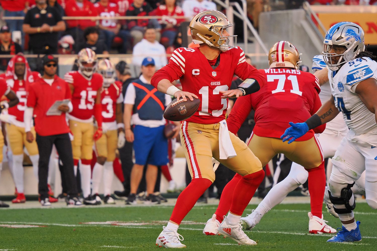 San Francisco 49ers quarterback Brock Purdy throws the ball against the Detroit Lions.