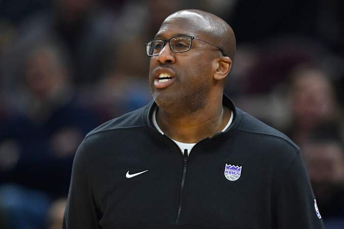 Feb 5, 2024; Cleveland, Ohio, USA; Sacramento Kings head coach Mike Brown react in the second quarter against the Cleveland Cavaliers at Rocket Mortgage FieldHouse.